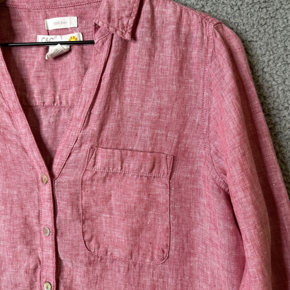 C&C CALIFORNIA Button Up Shirt Womens S Small Pink Linen V Neck Tunic Roll Tab - Picture 7 of 14